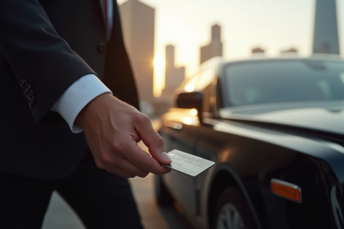 Main tenant une carte de crédit devant une voiture de luxe en ville