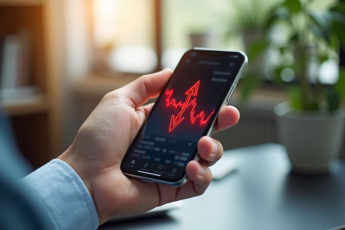 Main hésitante au-dessus d une application boursière sur smartphone