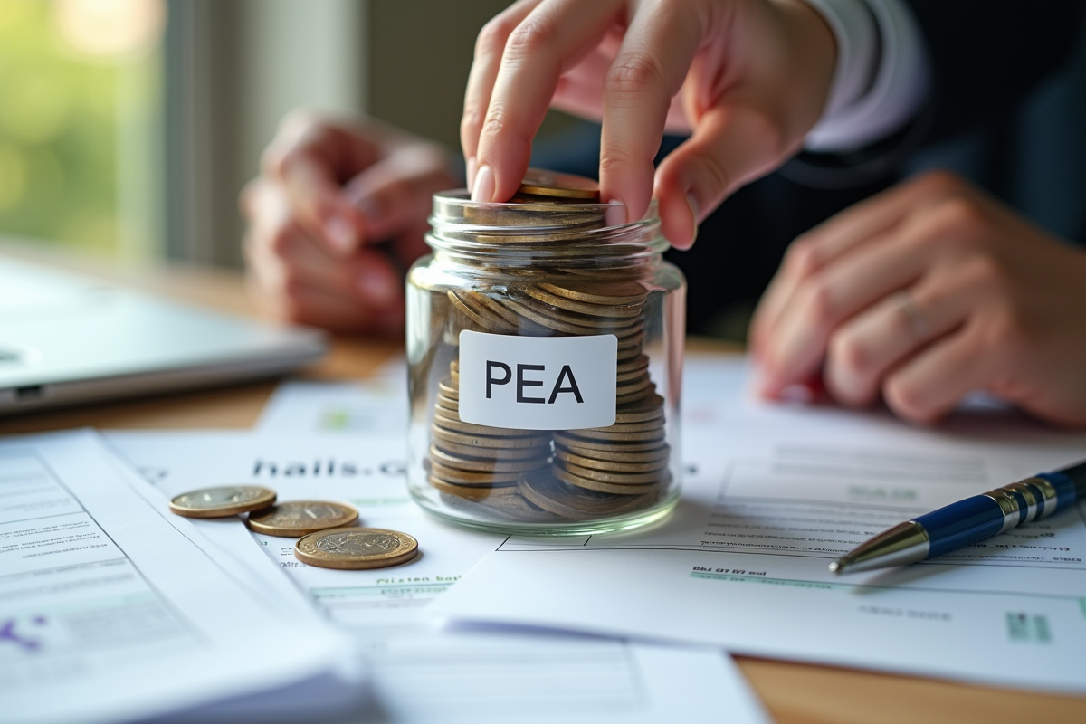 Mains plaçant des euros dans un pot PEA sur un bureau
