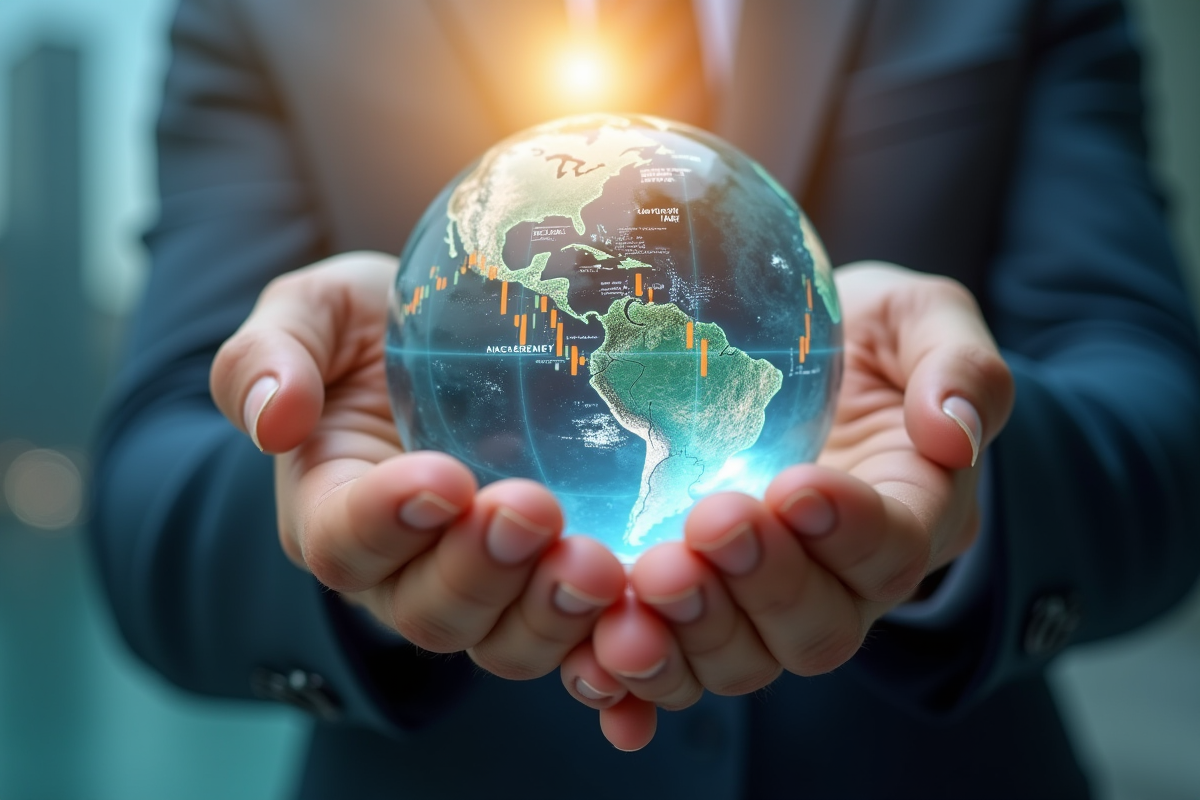 Mains tenant un globe avec graphiques boursiers en reflet de ville