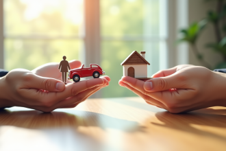 Trois paires de mains tenant des objets d'assurance symboliques
