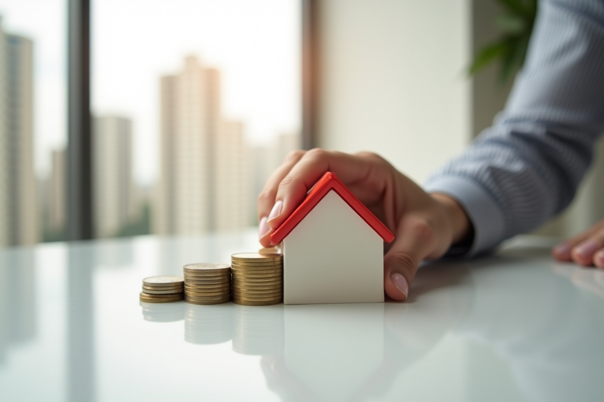 Main tenant une maison miniature et des euros sur une table blanche
