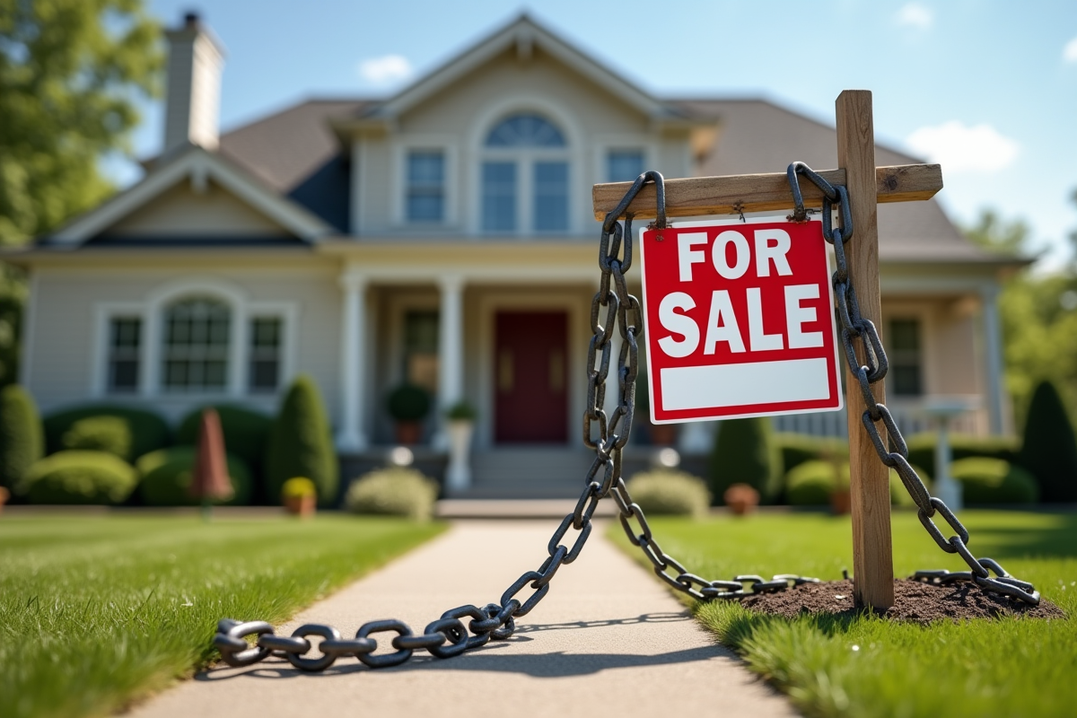 Maison avec panneau vente et chaîne symbolisant la dette