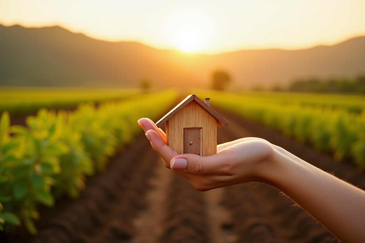 Main tenant une petite maison en bois sur un sol cultivé au lever du soleil