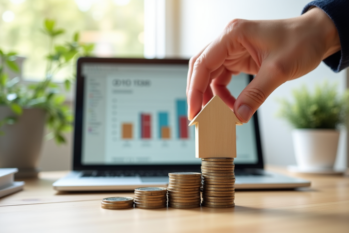 Main posant une maison en bois sur des pièces de monnaie dans un bureau lumineux
