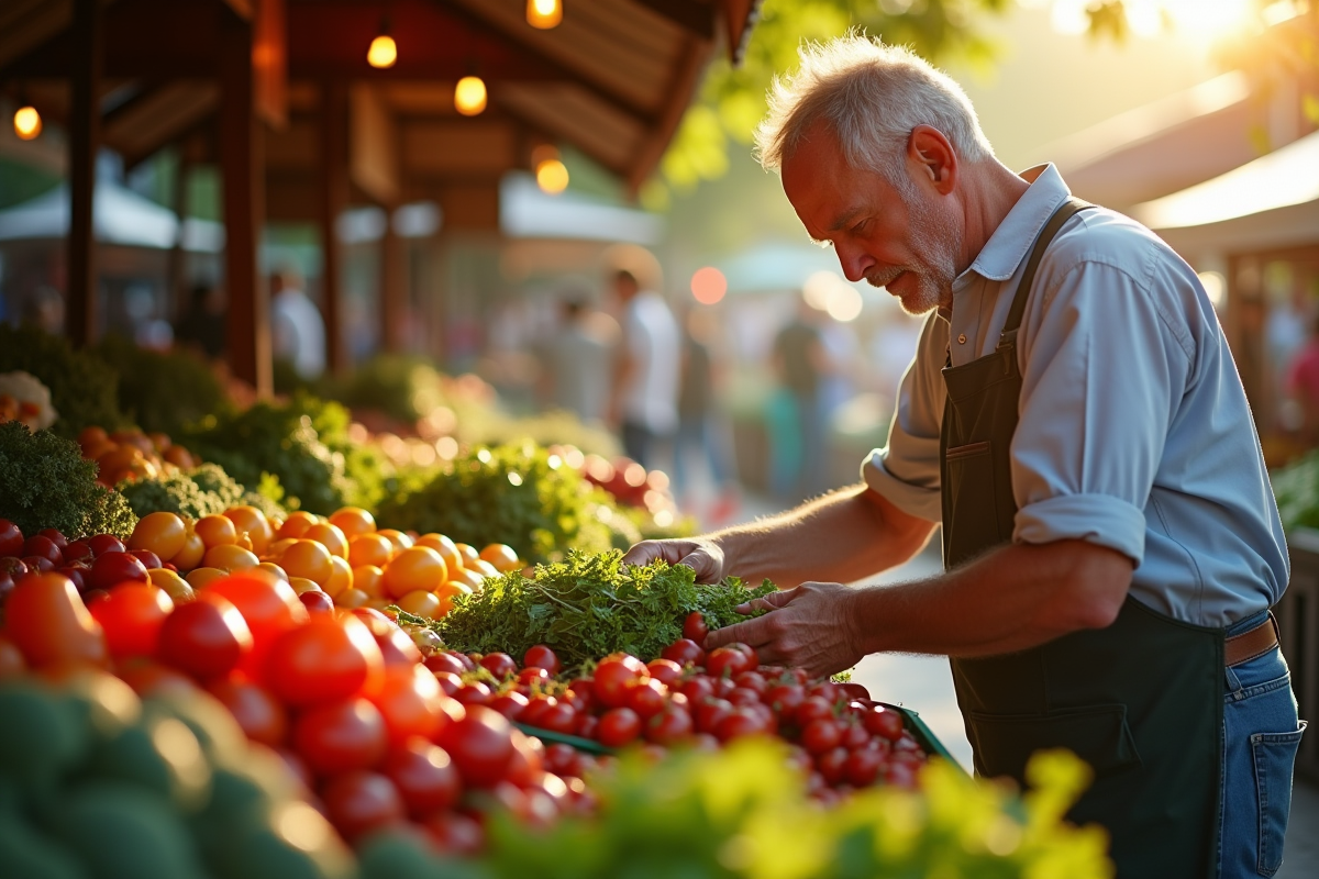 Homme choisissant des légumes de saison au marché fermier en plein air