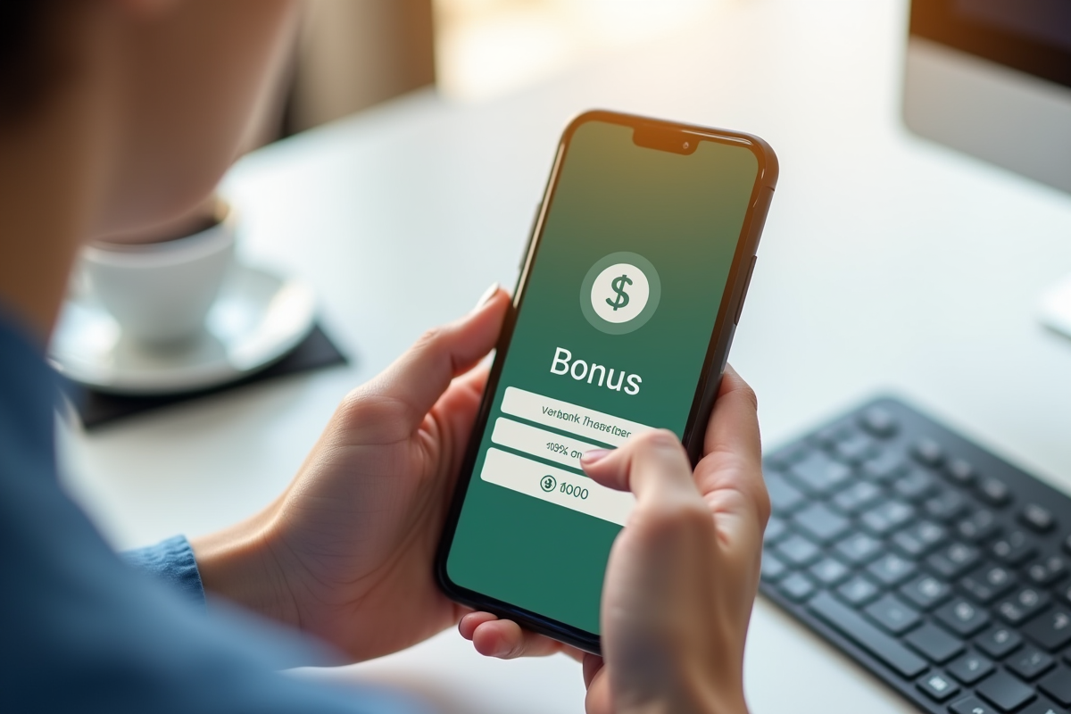Main tenant un smartphone affichant une notification de bonus