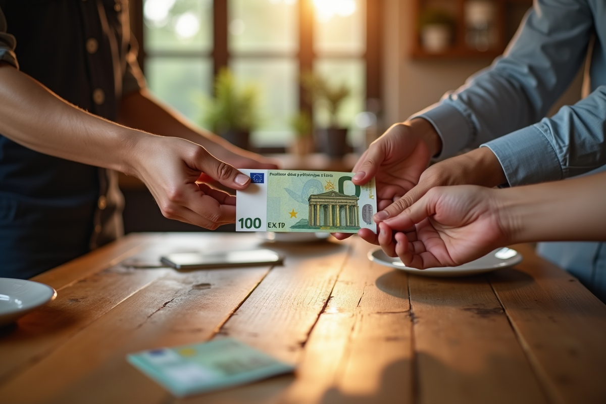 Main passant une enveloppe avec billets dans une cuisine chaleureuse