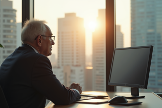 Personne agee en costume au bureau regardant par la fenetre
