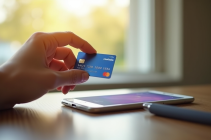 Personne tenant une carte bancaire avec une appli bancaire sur smartphone