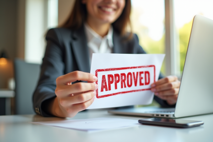 Personne souriante tenant un document bancaire approuve