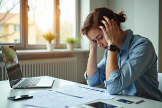 Personne inquiète examinant des documents bancaires à un bureau lumineux