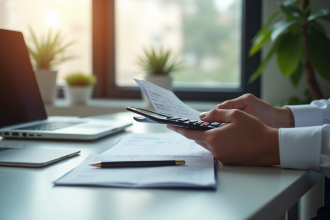 Personne examinant un relevé bancaire et calculatrice dans un bureau calme