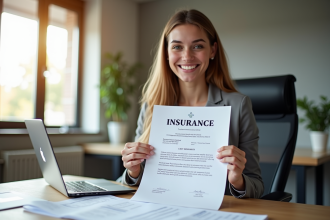 Personne souriante tenant un certificat d'assurance au bureau