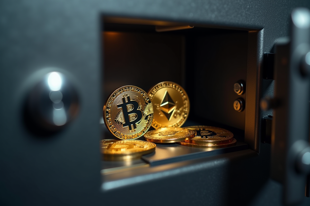 Pièces de cryptomonnaies dans un coffre-fort sécurisé