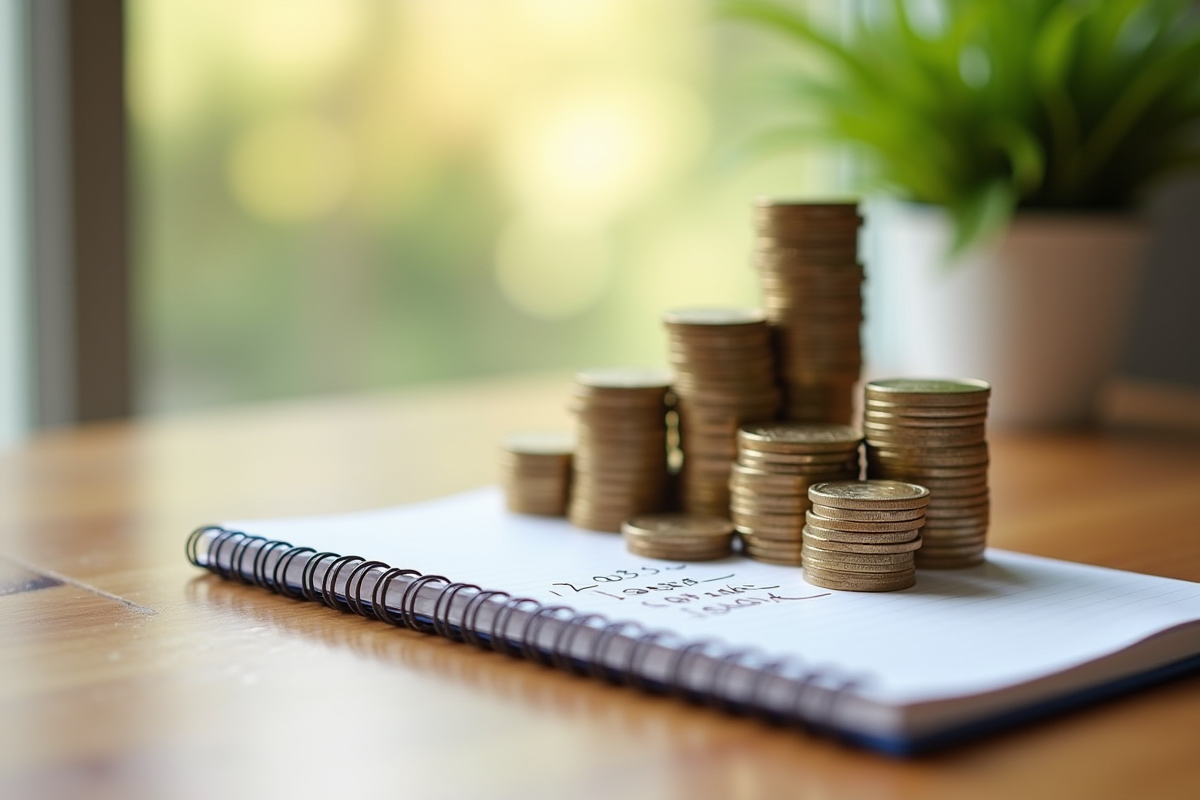 Pièces de livres sterling empilées avec un carnet de notes et calculs d