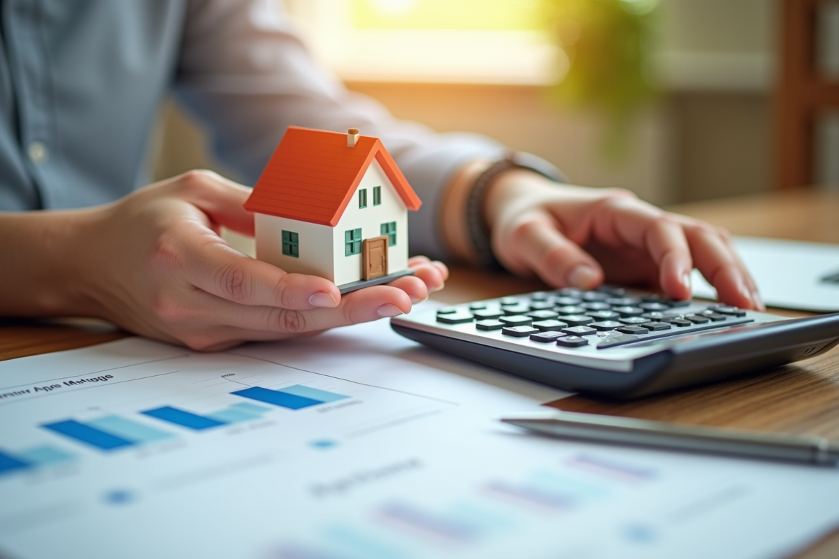 Mains tenant une maison miniature et une calculatrice sur un bureau en bois