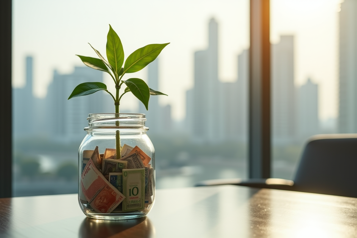 Plante verte dans un pot avec monnaies étrangères sur une table moderne