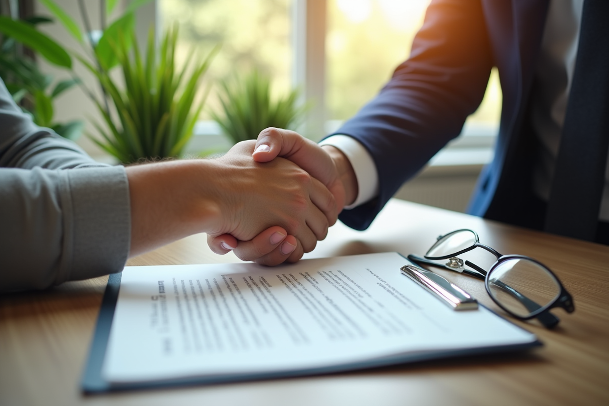 Poignée de main entre un client et un agent immobilier sur un contrat signé