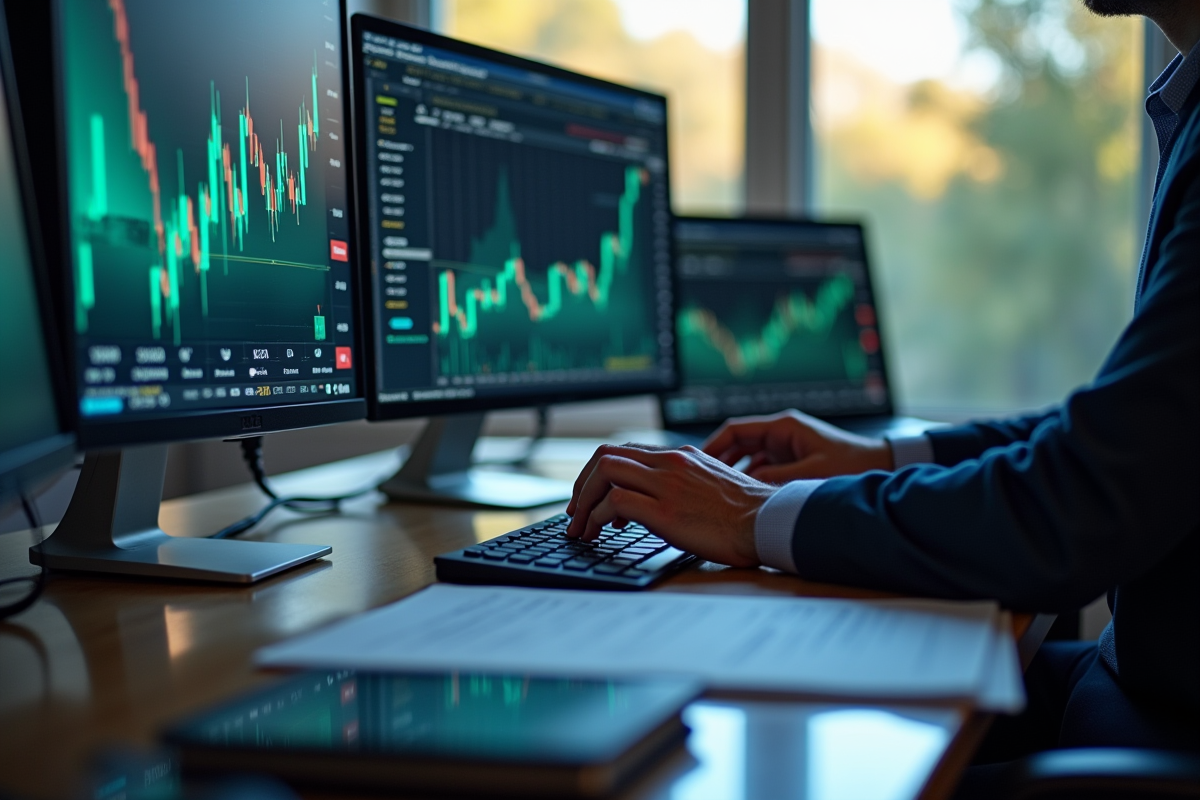 Poste informatique avec graphiques financiers et écrans
