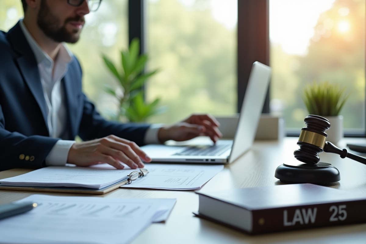 Professionnel au bureau avec livre de droit et documents