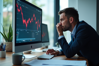 Professionnel inquiet regardant des graphiques financiers en baisse