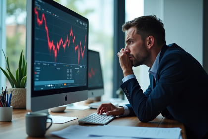 Professionnel inquiet regardant des graphiques financiers en baisse
