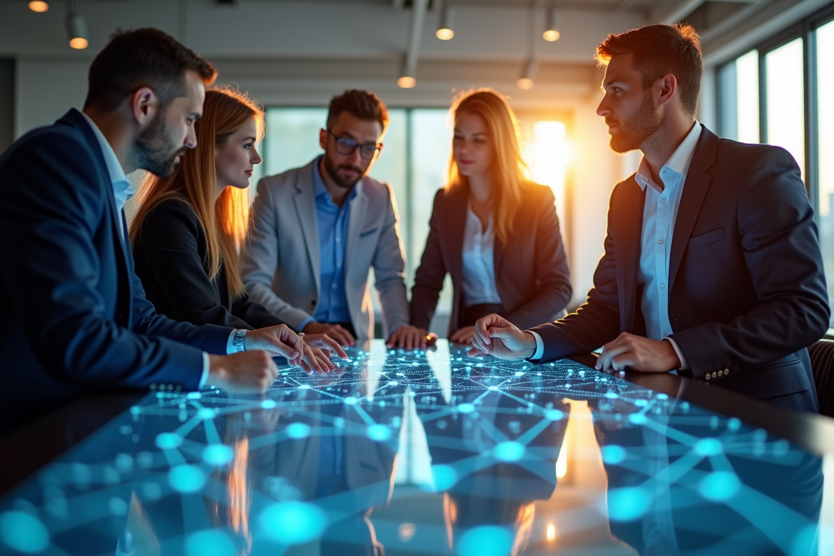 Quatre professionnels collaborant autour d une table numérique blockchain
