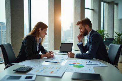 Deux professionnels analysant des documents financiers dans un bureau lumineux