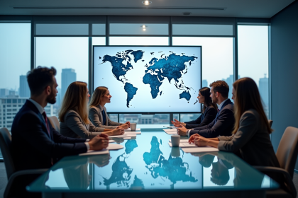 Groupe de professionnels collaborant autour d'une carte du monde numérique