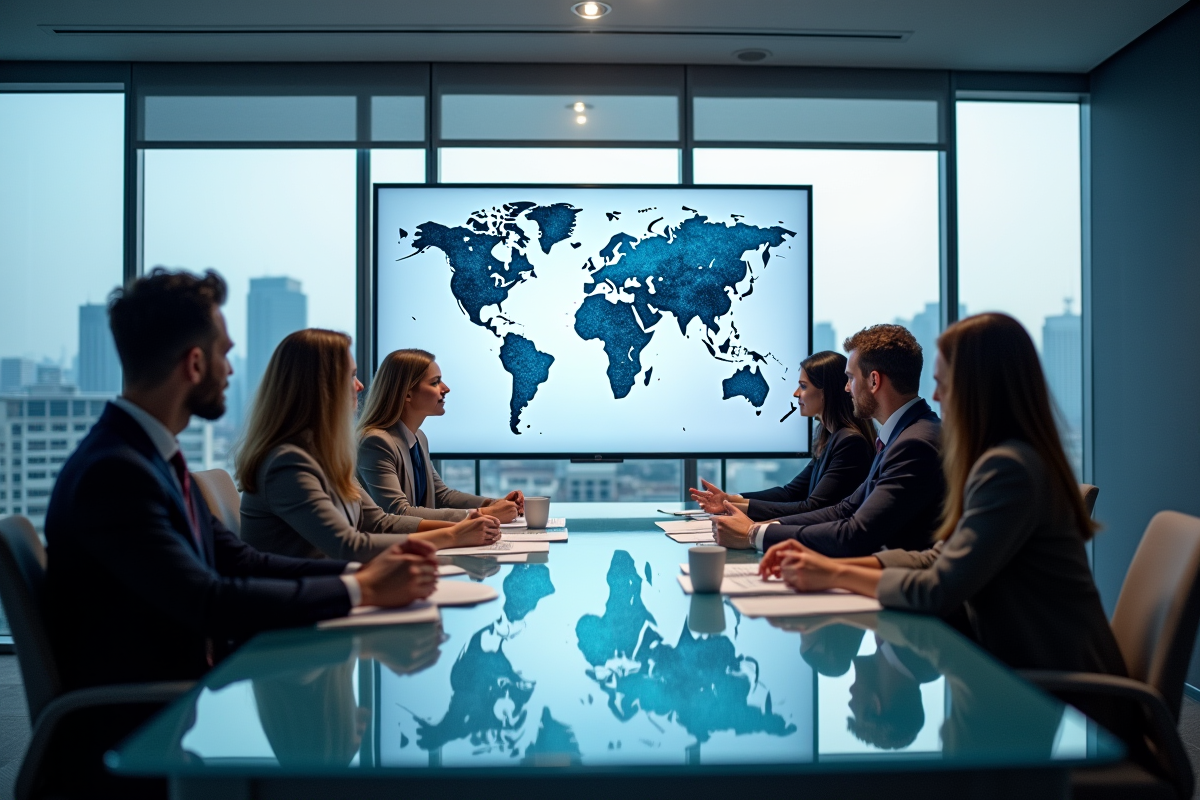 Groupe de professionnels collaborant autour d'une carte du monde numérique