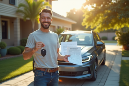 Propriétaire de voiture souriant avec police d'assurance propre devant sa voiture
