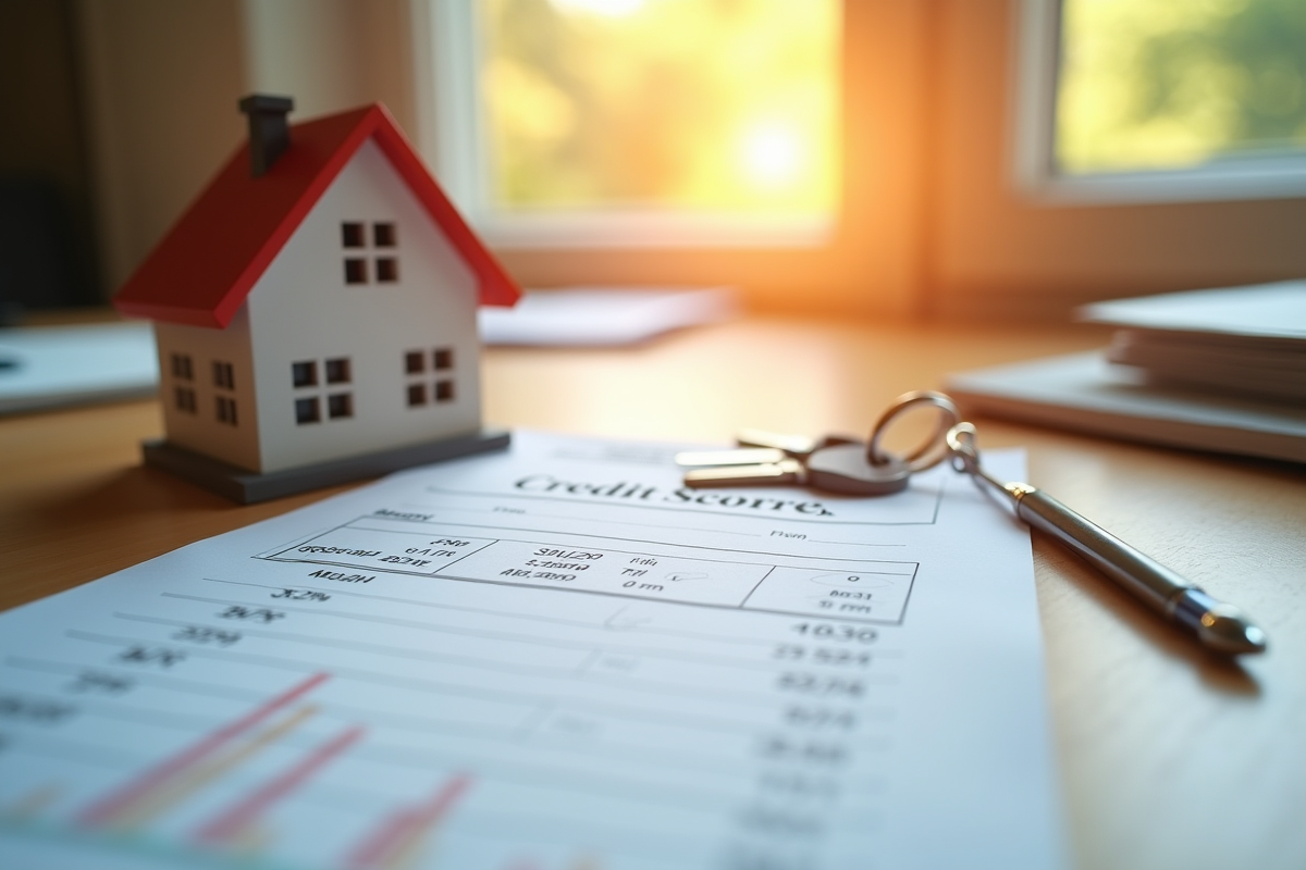 Relevé de credit immobilier avec maison et clés sur une table ensoleillée