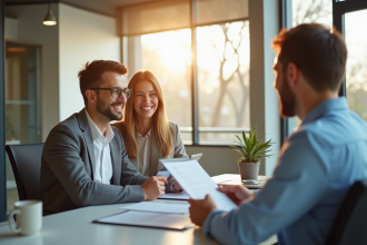 Jeune couple rencontrant un conseiller bancaire dans un bureau moderne