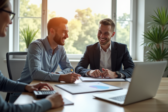 Jeune couple rencontrant un conseiller financier dans un bureau lumineux