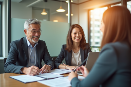 Couple souriant rencontrant un conseiller financier dans une banque lumineuse