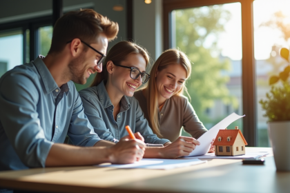 Jeune couple rencontrant un conseiller bancaire pour un prêt immobilier