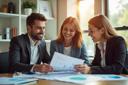 Jeune couple d professionnels rencontrant un banquier dans un bureau moderne