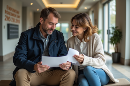 Homme et femme discutant devis de renovation dans un hall