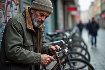 Homme d'&acirc;ge moyen r&eacute;parant des v&eacute;los en ville