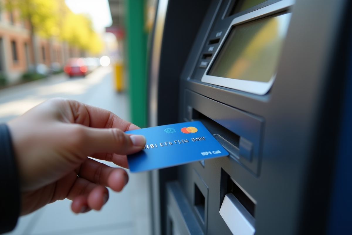 Main insérant une carte prépayée dans un distributeur automatique