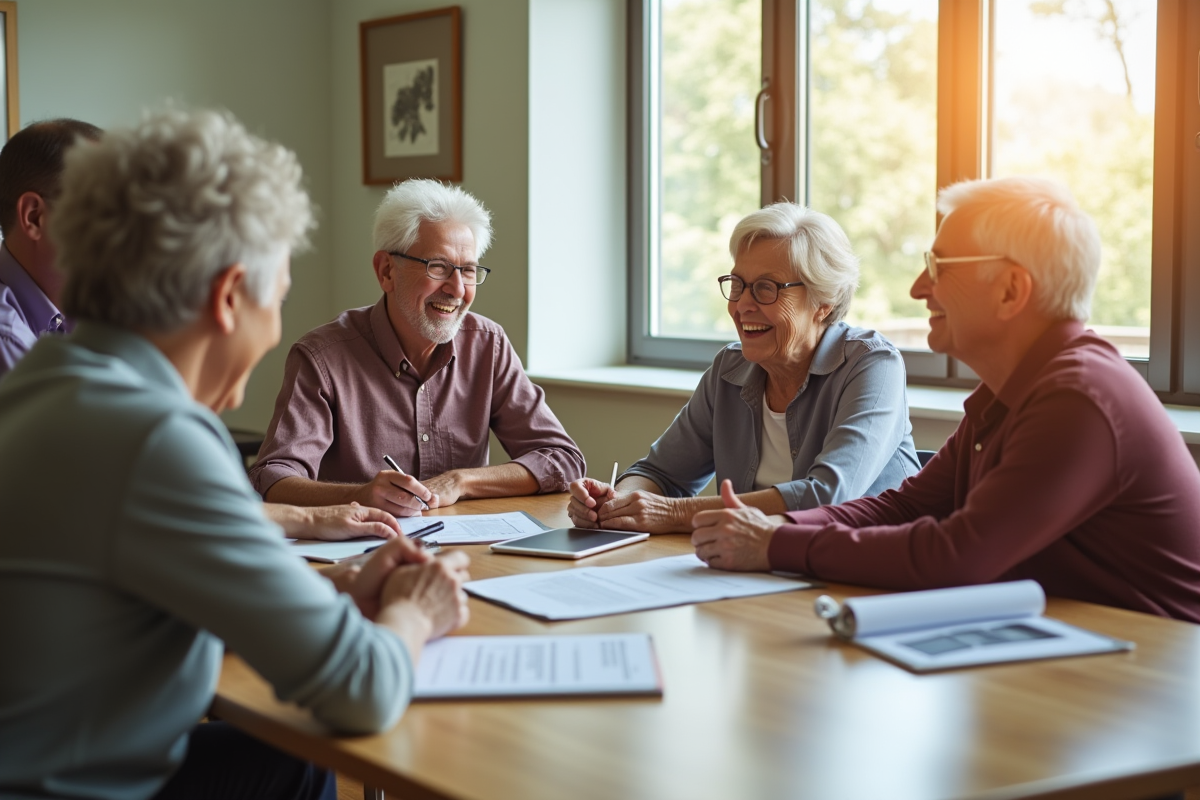 Seniors heureux rencontrant un conseiller retraite en centre communautaire