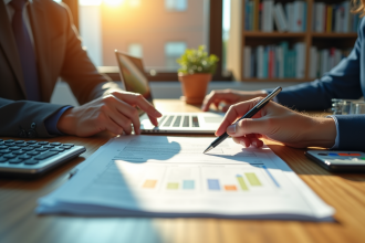 Réunion d'affaires dans un bureau moderne avec documents financiers