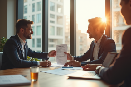 Réunion d'affaires avec un professionnel remettant un pourcentage de remise à un client satisfait