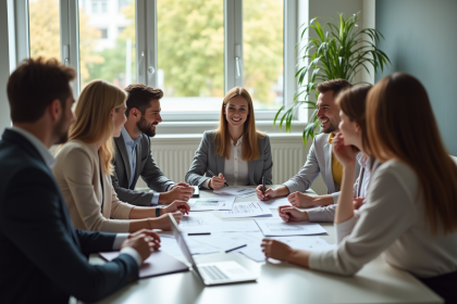 Groupe de personnes discutant de finances dans un bureau lumineux