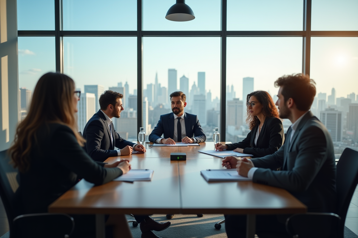 Groupe de professionnels discutant stratégie fiscale en réunion