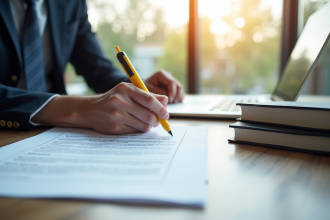 Professionnel d'affaires examinant un contrat d'assurance dans un bureau lumineux