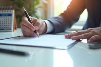 Main signant un contrat avec une tablette et un calendrier lumineux