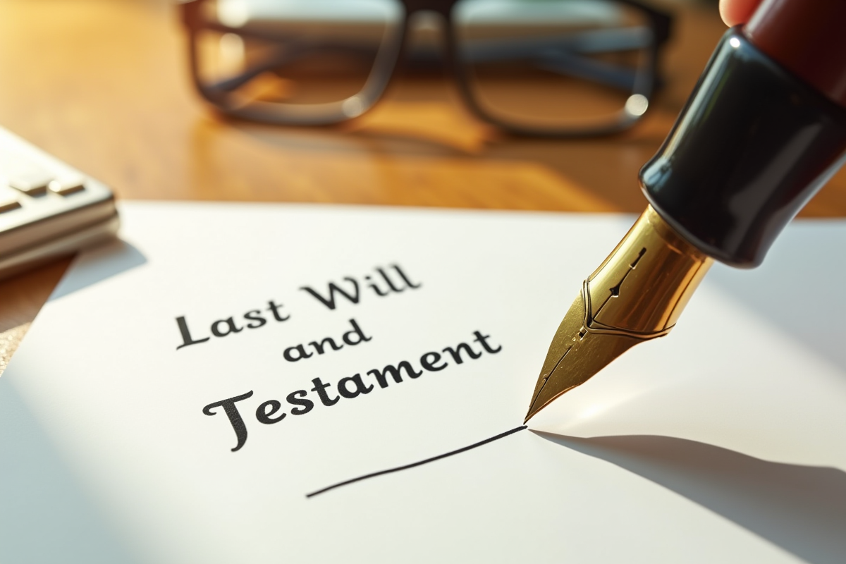 Plume d or signant un testament avec une police d assurance vie sur un bureau en bois