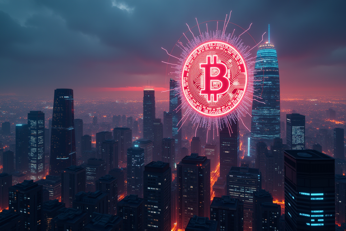 Hologramme Bitcoin dans une ville futuriste au crépuscule